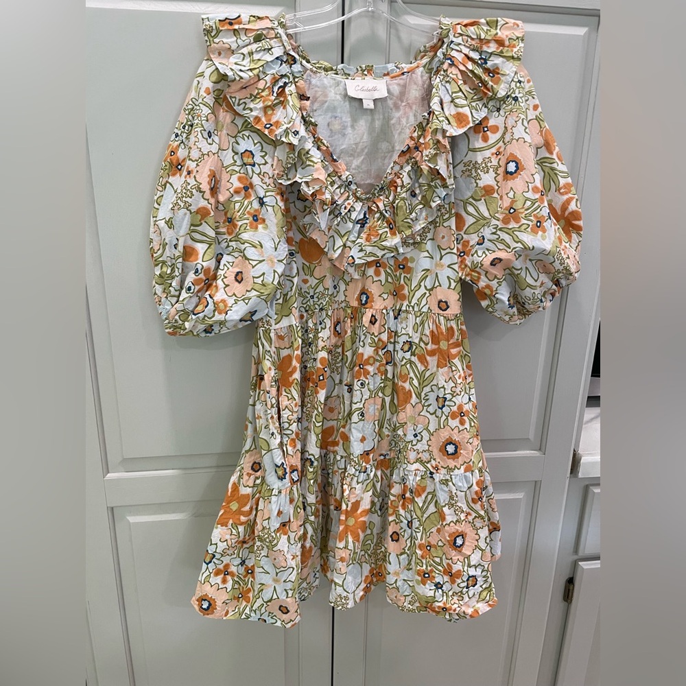Cleobella Orange Pink Sundress with Puff Sleeves